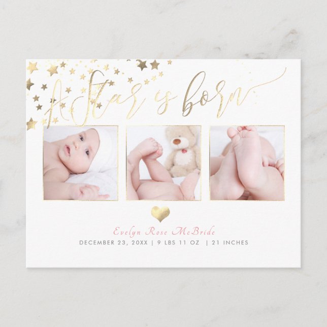 PixDezines Faux Gold Stars/Birth Announce Announcement Postcard (Front)