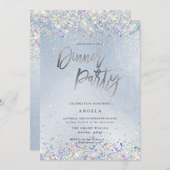 PixDezines Faux Hologram Dusty Blue Dinner Party Invitation (Front/Back)