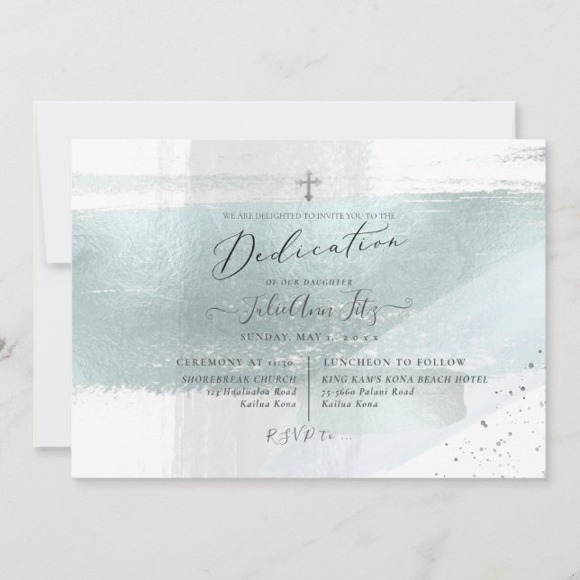 PixDezines Faux Metallic Dusty Blue Dedication Invitation (Front)