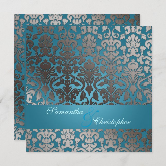 PixDezines faux platinum flora damask/teal Invitation (Front/Back)