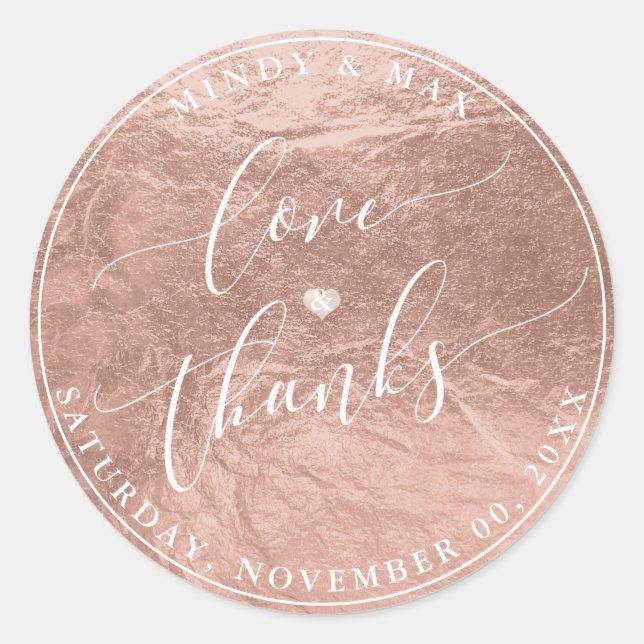 PixDezines FAUX ROSE GOLD FOIl LOVE+THANKS Classic Round Sticker (Front)