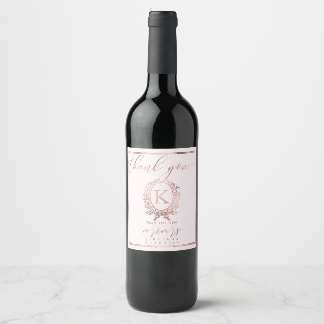 PixDezines Faux Rose Gold Monogram+Laurel Wreath Wine Label (Front)