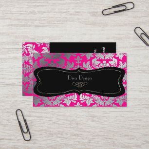 PixDezines Faux silver baroque damask hot pink Business Card