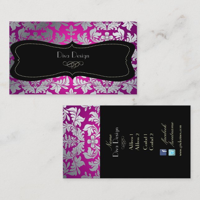 PixDezines faux silver baroque damask+jewel Business Card (Front/Back)