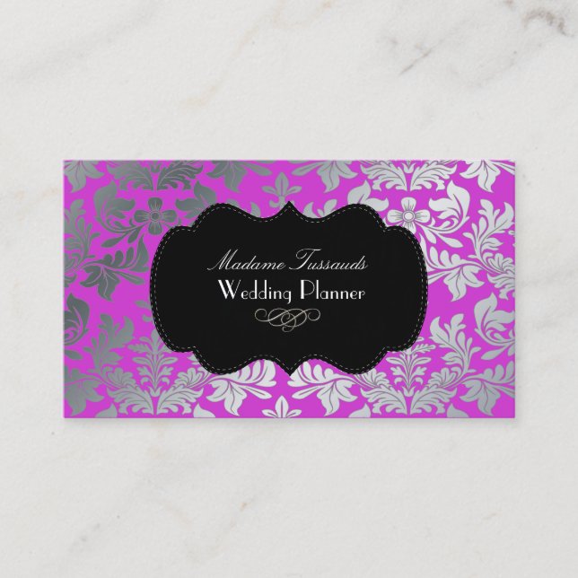 PixDezines faux silver baroque damask magenta Business Card (Front)