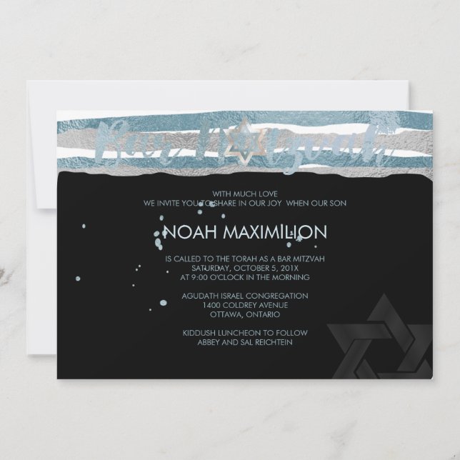 PixDezines faux silver/blue/stripes bar mitzvah Invitation (Back)