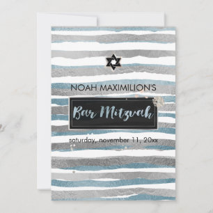 PixDezines faux silver/blue/stripes bar mitzvah Invitation