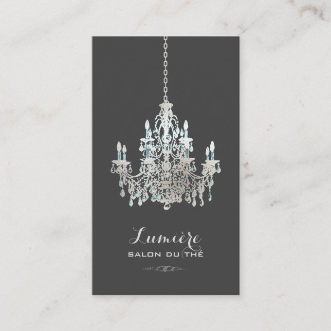 PixDezines faux silver foil chandelier+Teal Business Card (Front)