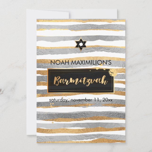 PixDezines faux silver/gold/stripes bar mitzvah Invitation (Front)