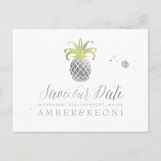 PixDezines Faux Silver/Pineapple/Save our Date Announcement Postcard (Front)