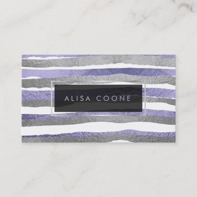 PixDezines faux silver+purple foil stripes Business Card (Front)