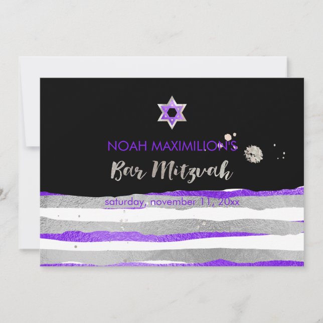 PixDezines faux silver/purple/stripes bar mitzvah Invitation (Front)