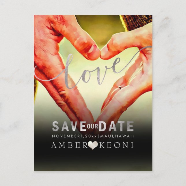 PixDezines Faux Silver Save the Date/Heart Announcement Postcard (Front)