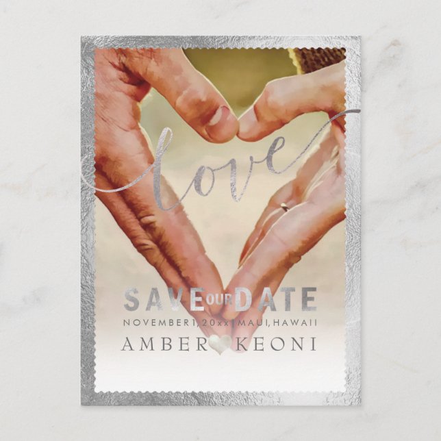 PixDezines Faux Silver Save the Date/Heart Announcement Postcard (Front)