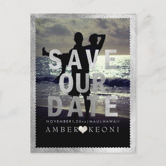 PixDezines Faux Silver Save the Date/Heart Announcement Postcard (Front)