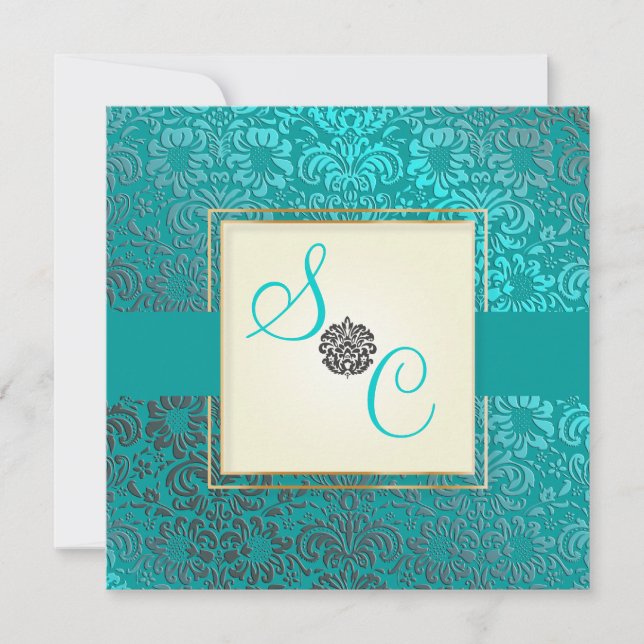 PixDezines Fidora Blue+Teal Vintage Damask Invitation (Front)
