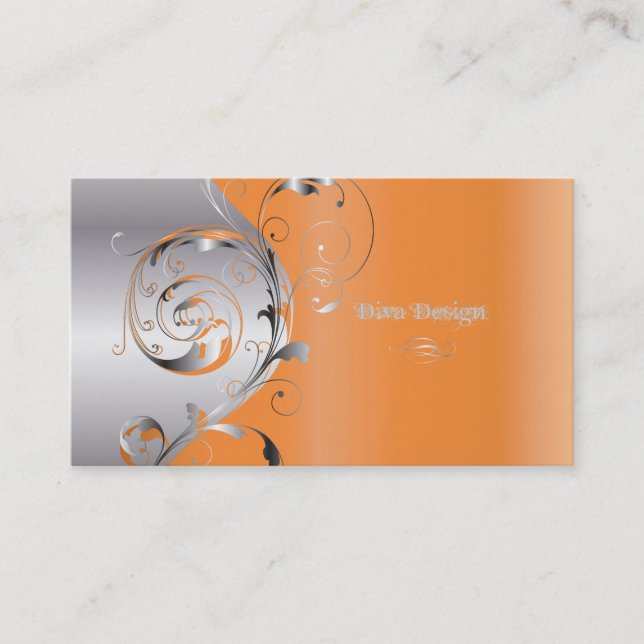 PixDezines Filigree+swirls/silver+tangerine tango Business Card (Front)