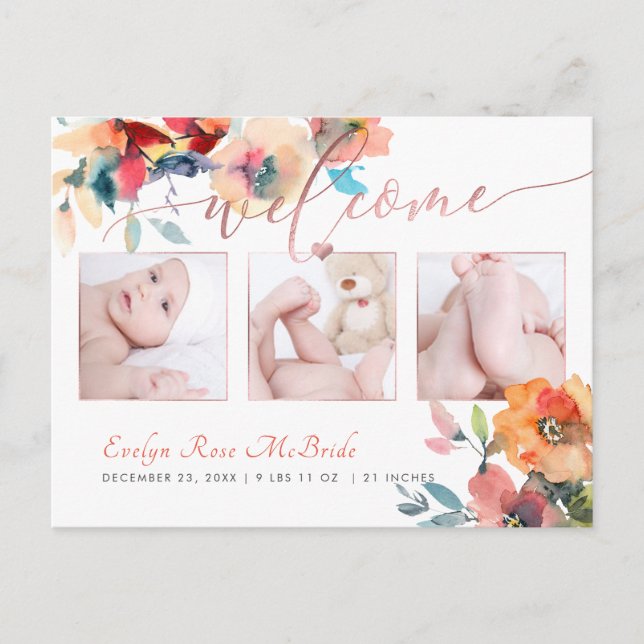 PixDezines Floral Watercolor Baby Girl Announcement Postcard (Front)