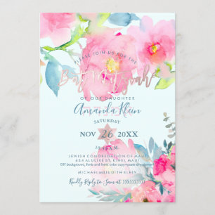 PixDezines Floral Watercolor Bat Mitzvah Invitation