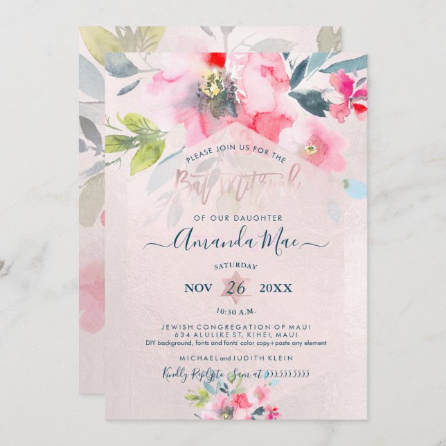 PixDezines Floral Watercolor Bat Mitzvah, Ombre Invitation (Front/Back)