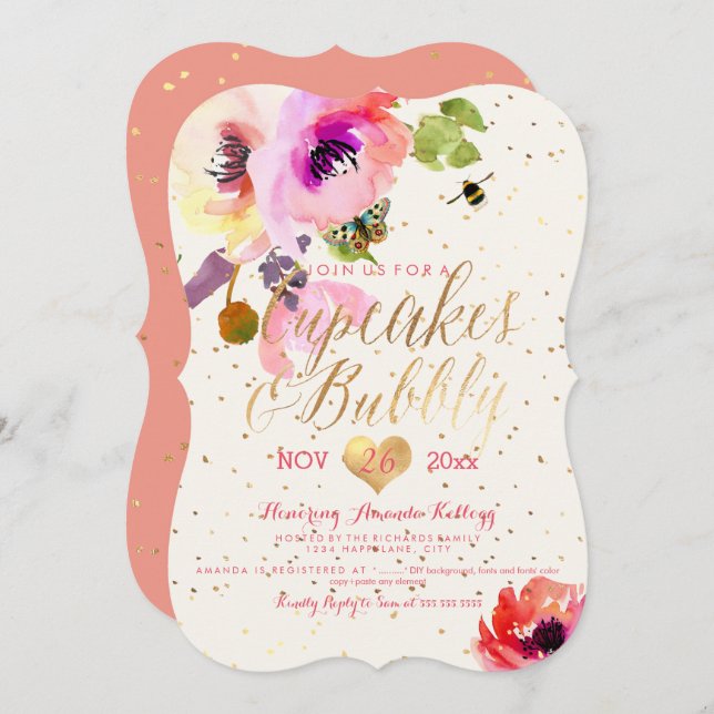 PixDezines Floral Watercolor Cupcakes+Bubbly Invitation (Front/Back)