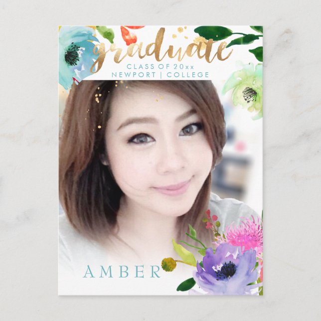 PixDezines Floral Watercolor Graduate photo Announcement Postcard (Front)