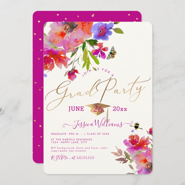 PixDezines Floral Watercolor Graduation Party Invitation (Front/Back)