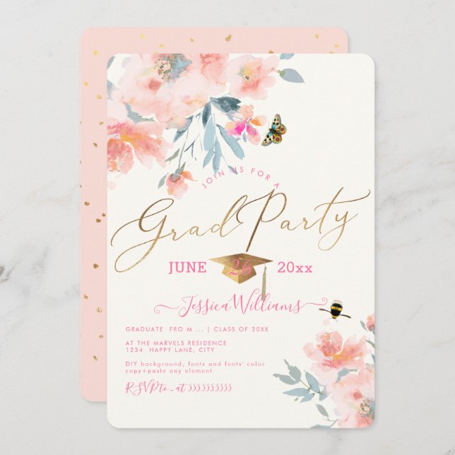 PixDezines Floral Watercolor Graduation Party Invitation (Front/Back)