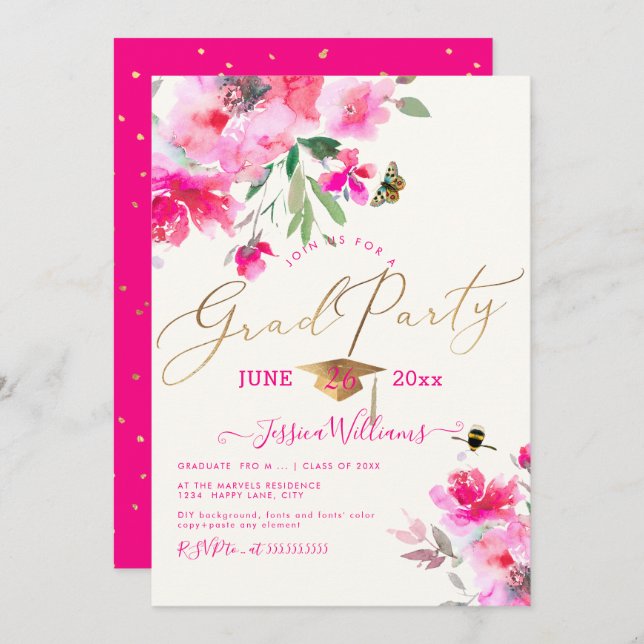 PixDezines Floral Watercolor Graduation Party Invitation (Front/Back)