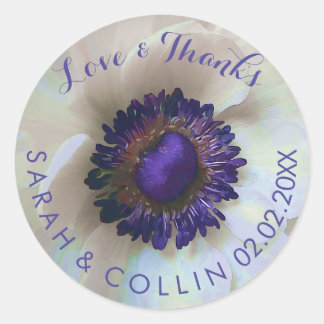 PixDezines floral/white anemones/purple Classic Round Sticker