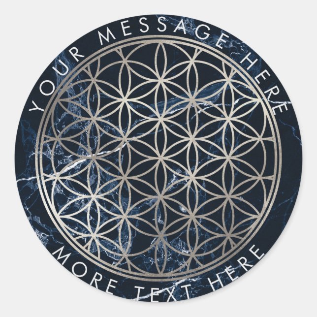 PixDezines FLOWER OF LIFE FAUX SILVER+BLUE MARBLE Classic Round Sticker (Front)