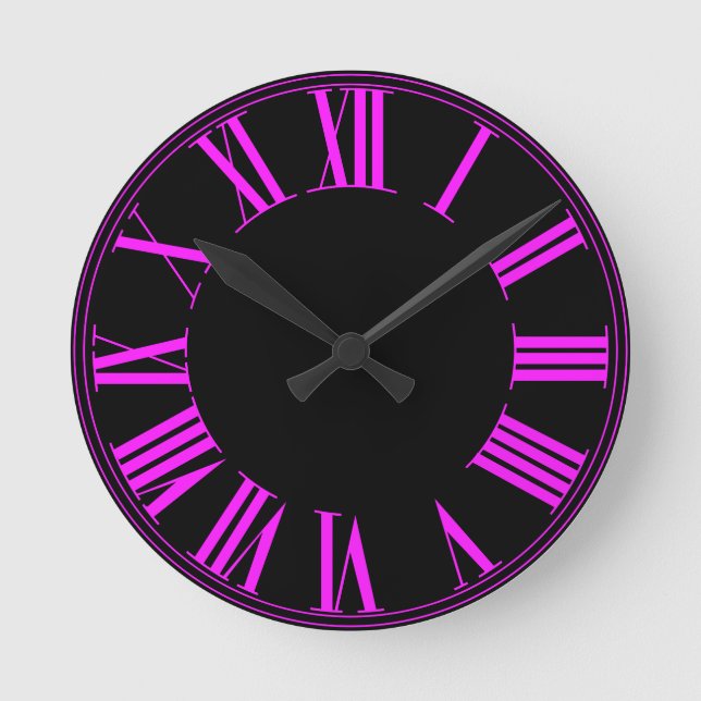 PixDezines Fluorescent Pink Roman Numeros Round Clock (Front)
