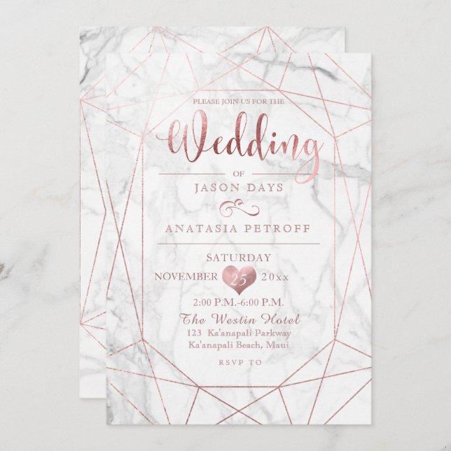 PixDezines Gemstone+Marble/Faux Rose Gold/Wedding Invitation (Front/Back)