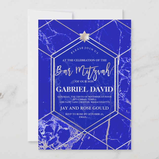 PixDezines Geometric Blue Lapis Bar Mitzvah Invitation (Back)