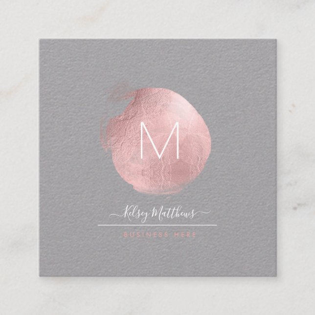 PixDezines Glam Monogram Black+Rose Gold Spot Square Business Card (Front)