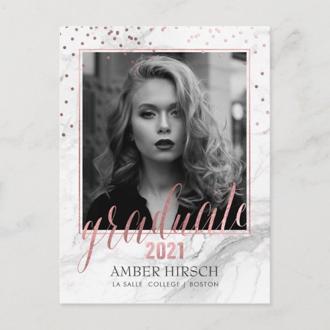 PixDezines Graduate Photos/Marble+Rose Gold Announcement Postcard (Front)