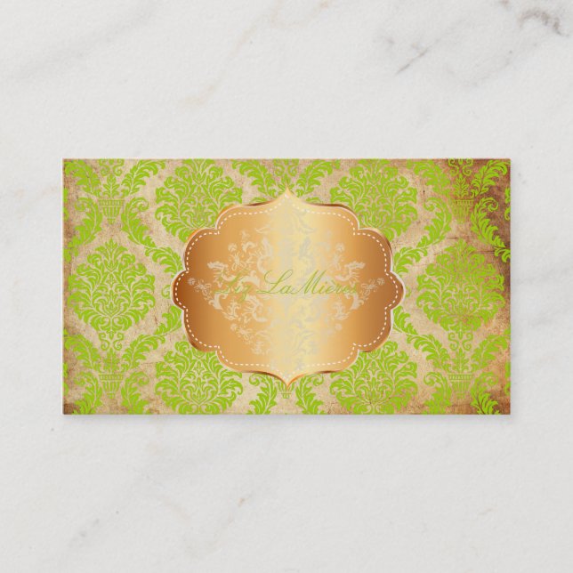PixDezines green Rosette damask/faux parchment Business Card (Front)