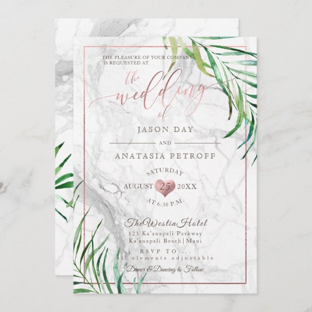 PixDezines Greenery Palms+Marble+Rose Gold Heart Invitation (Front/Back)