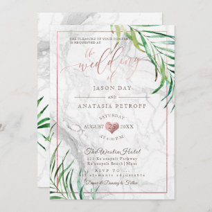 PixDezines Greenery Palms+Marble+Rose Gold Heart Invitation