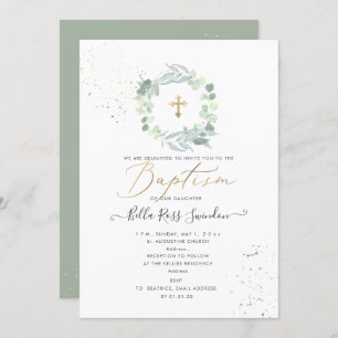 PixDezines Greenery Watercolor Eucalyptus Baptism Invitation