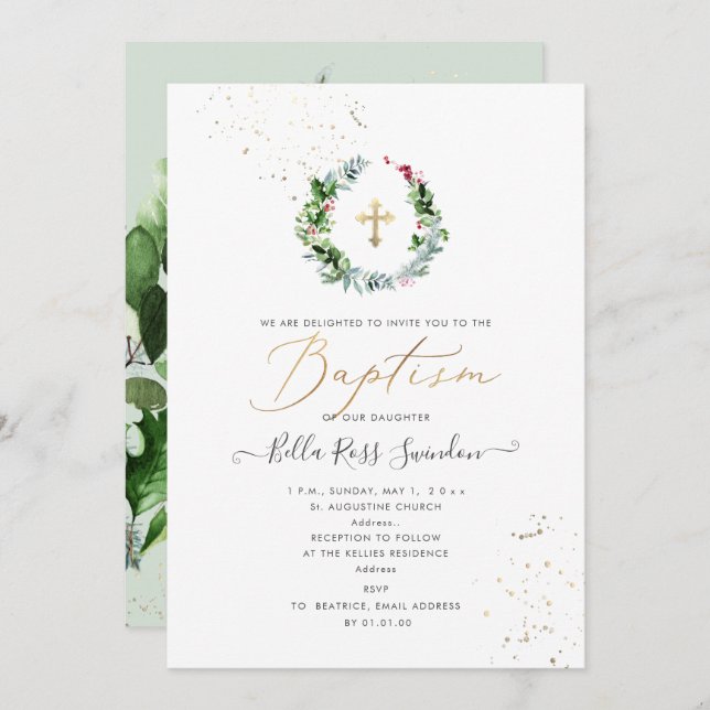 PixDezines Greenery Watercolor Winter Wreath Invitation (Front/Back)