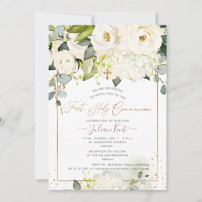 PixDezines H2 Alabaster Rose First Holy Communion Invitation (Front)