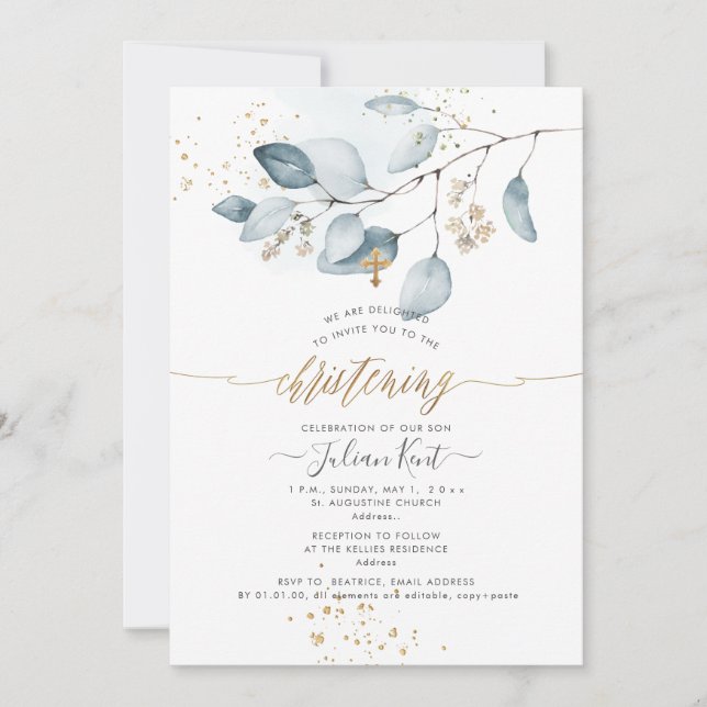 PixDezines H2 Blue Gum Eucalyptus Christening Invitation (Front)