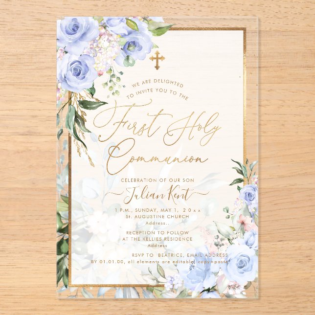 PixDezines H2 Blue Roses First Holy Communion Acrylic Invitations (Front)