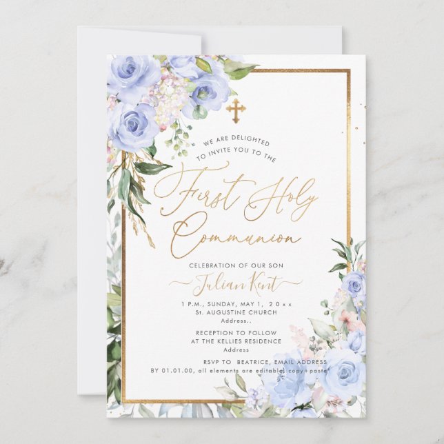 PixDezines H2 Blue Roses First Holy Communion Invitation (Front)