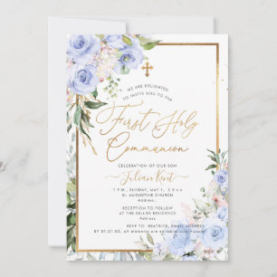 PixDezines H2 Blue Roses First Holy Communion Invitation
