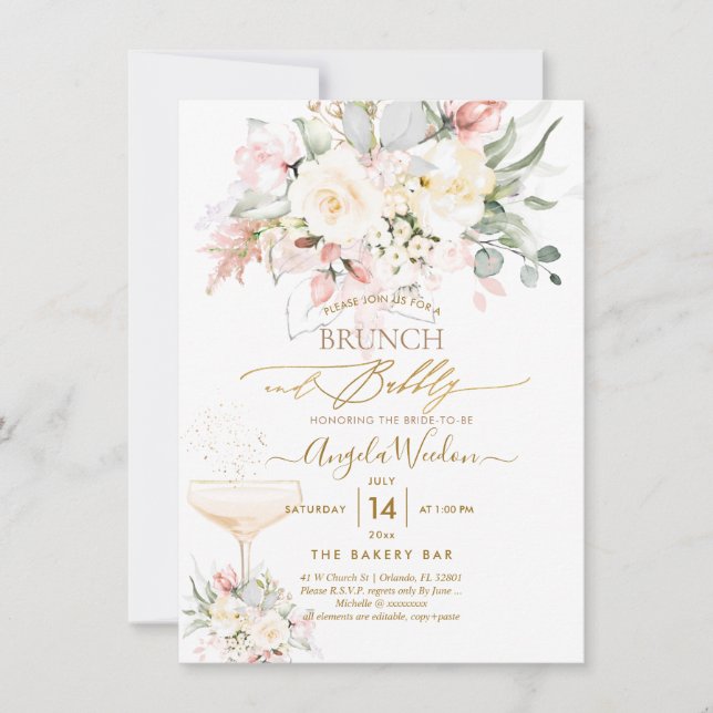 PixDezines H2 Blush Alabaster Roses Brunch Bubbly Invitation (Front)