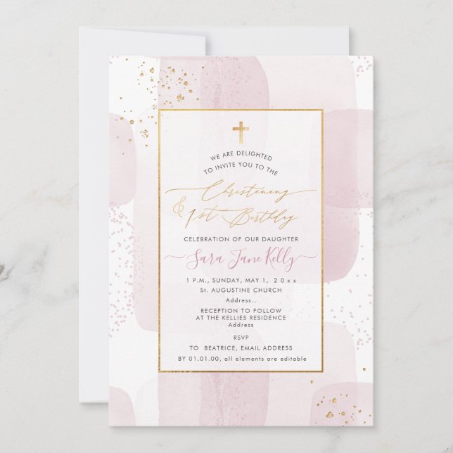 PixDezines H2 Blush Christening+1st Birthday Invitation (Front)