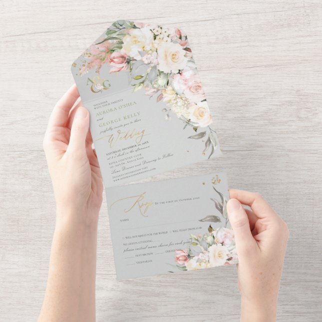 PixDezines H2 Blush n Alabaster Roses All In One Invitation (Tearaway)
