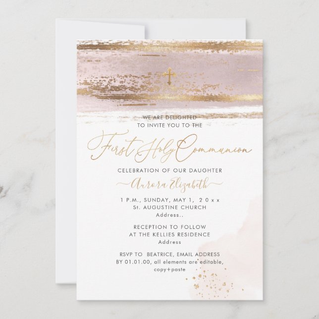 PixDezines H2 Blush Pink First Holy Communion Invi Invitation (Front)
